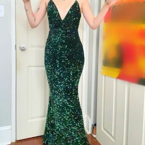 Long dark green sparkly gown